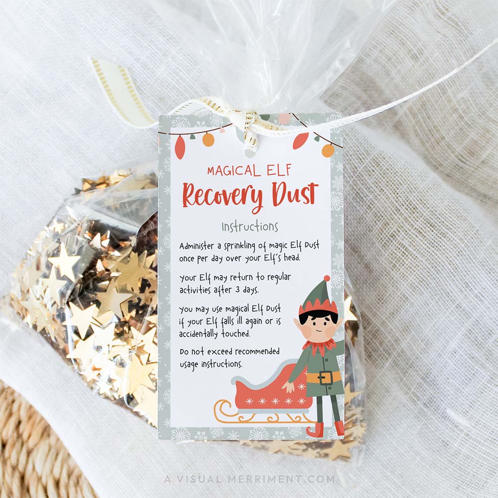 vertical elf on the shelf recovery magic dust gift tag tied to bag of glitter sparkles
