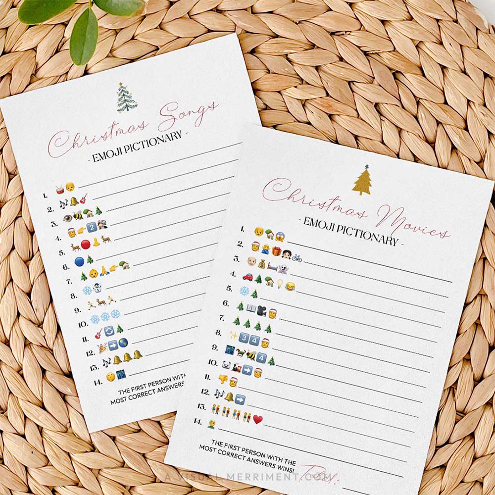 2 emoji pictionary printable christmas game pages on seagrass mat