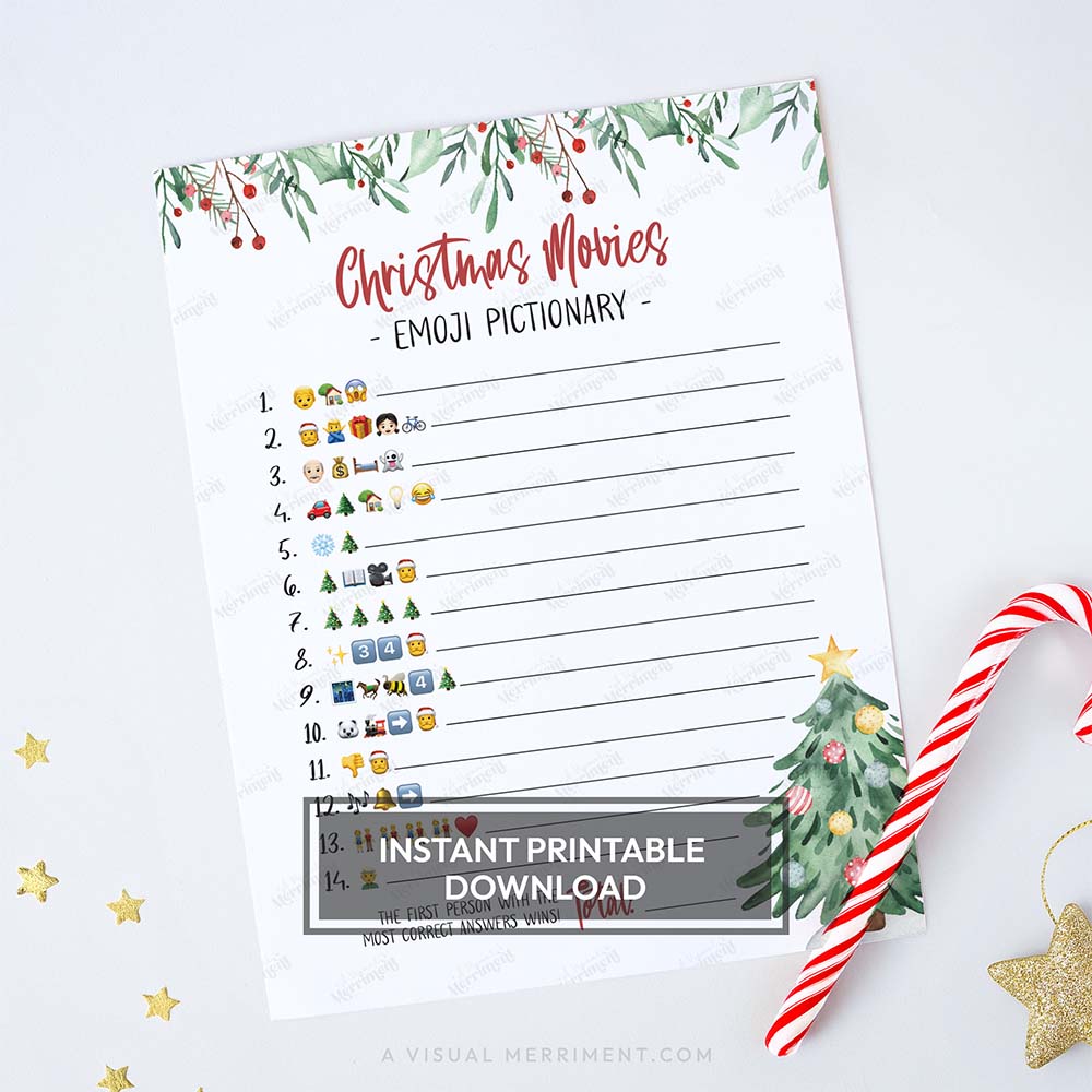 Watercolor tree printable christmas game sheet - emoji pictionary christmas movies