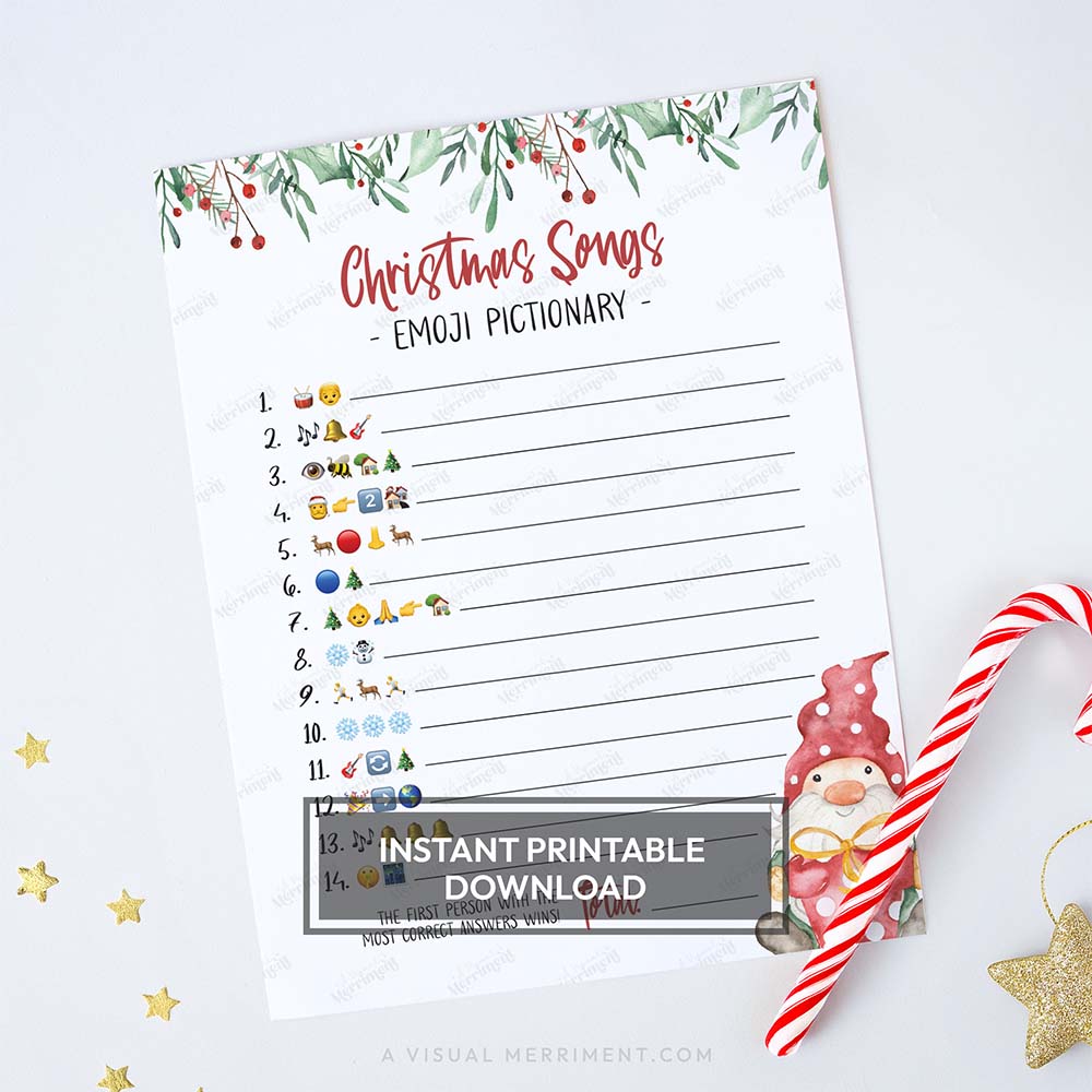 Watercolor gnome printable christmas game sheet - emoji pictionary christmas songs