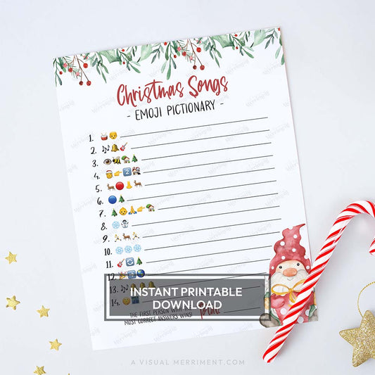 Watercolor gnome printable christmas game sheet - emoji pictionary christmas songs