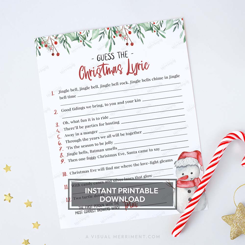 Watercolor snowman printable christmas game sheet - guess the christmas lyric questions