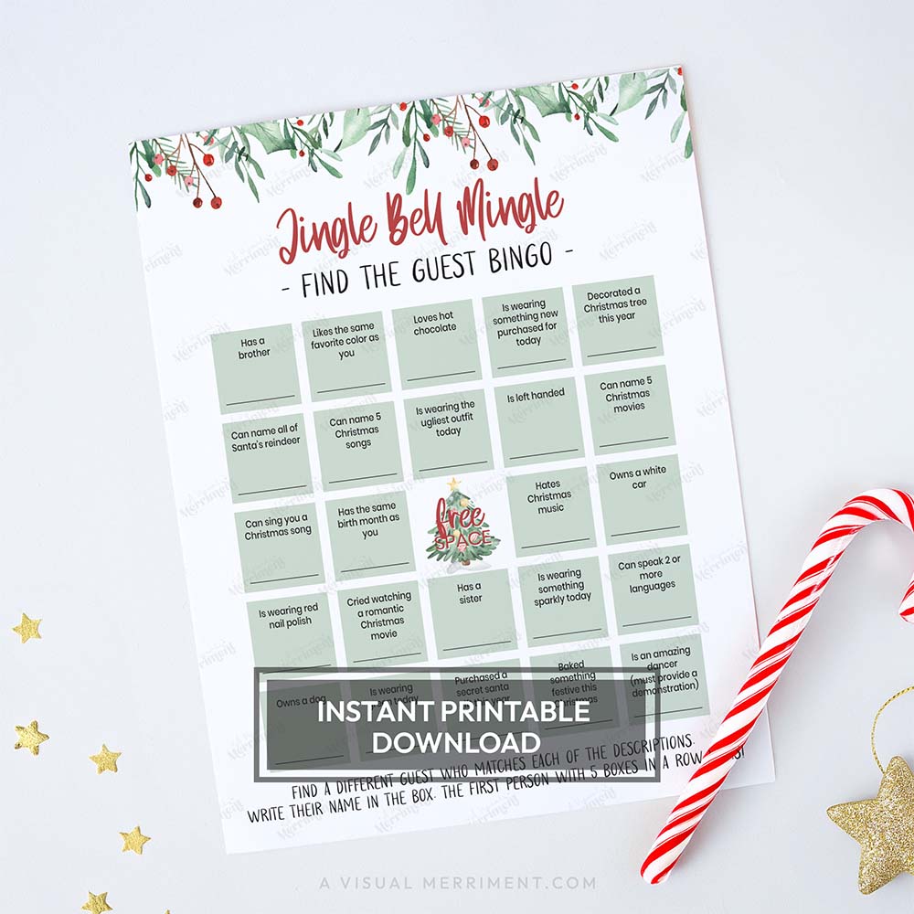 Watercolor gnome printable christmas game sheet - jingle bell mingle bingo game