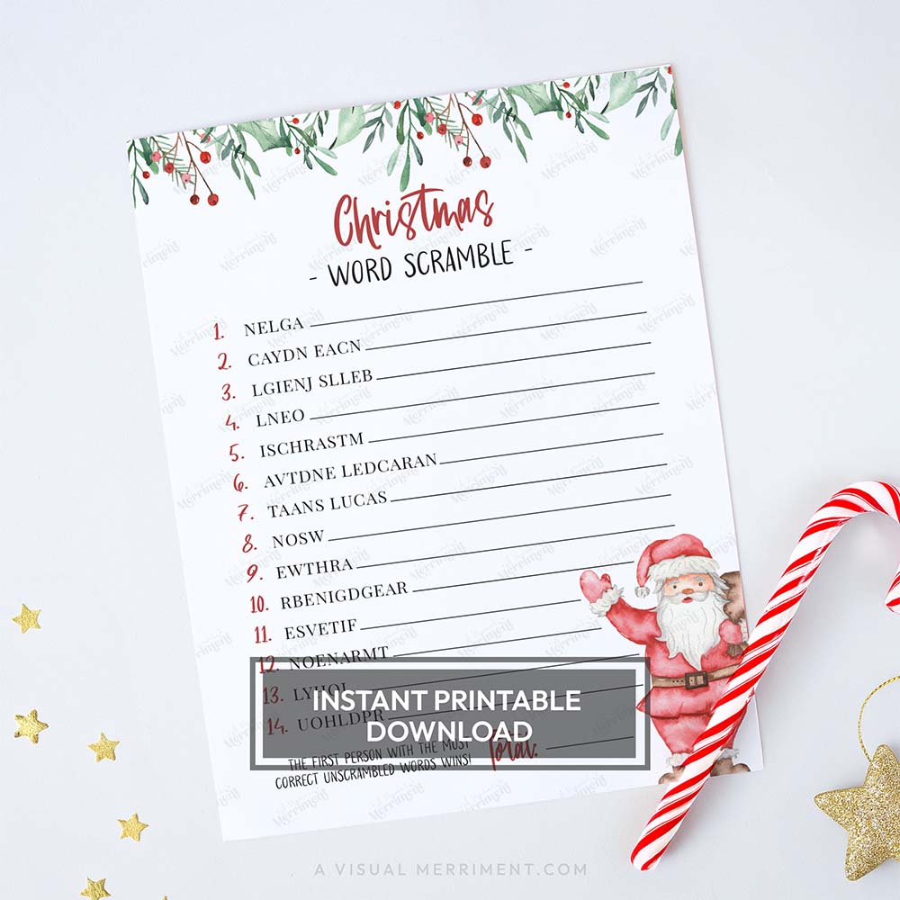 Watercolor santa printable christmas game sheet - christmas word scramble activity