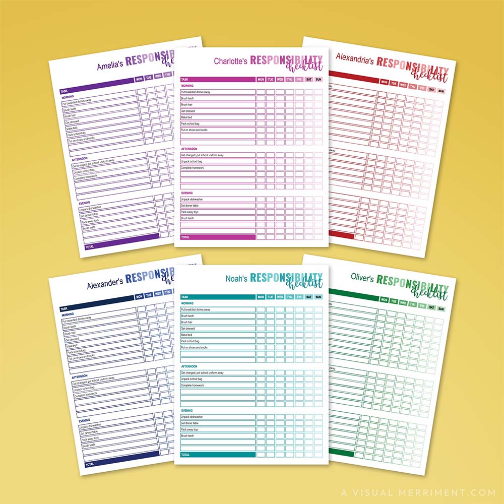 color-coded editable responsibility checklist PDF pages fanned in 6 colors