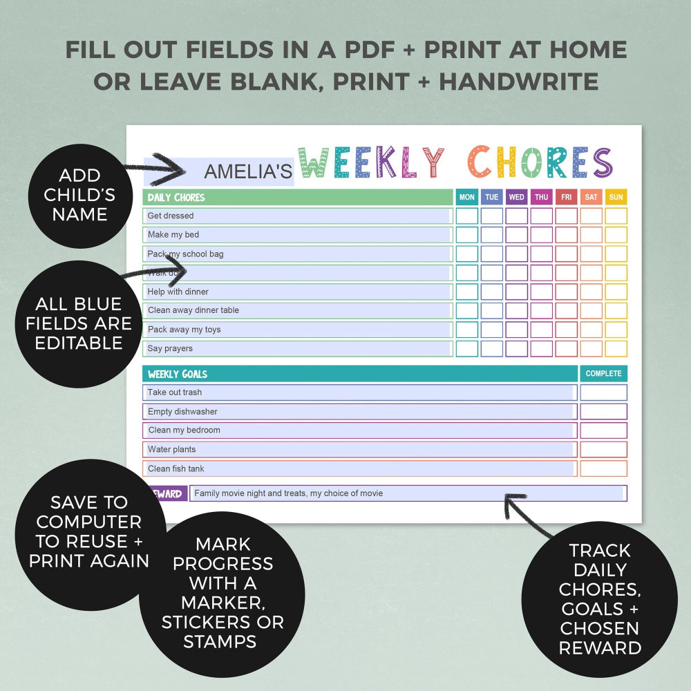 How to edit rainbow landscape editable weekly chore chart PDF page