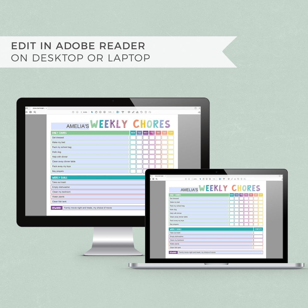 Editing rainbow landscape editable chore chart on computer and laptop screens