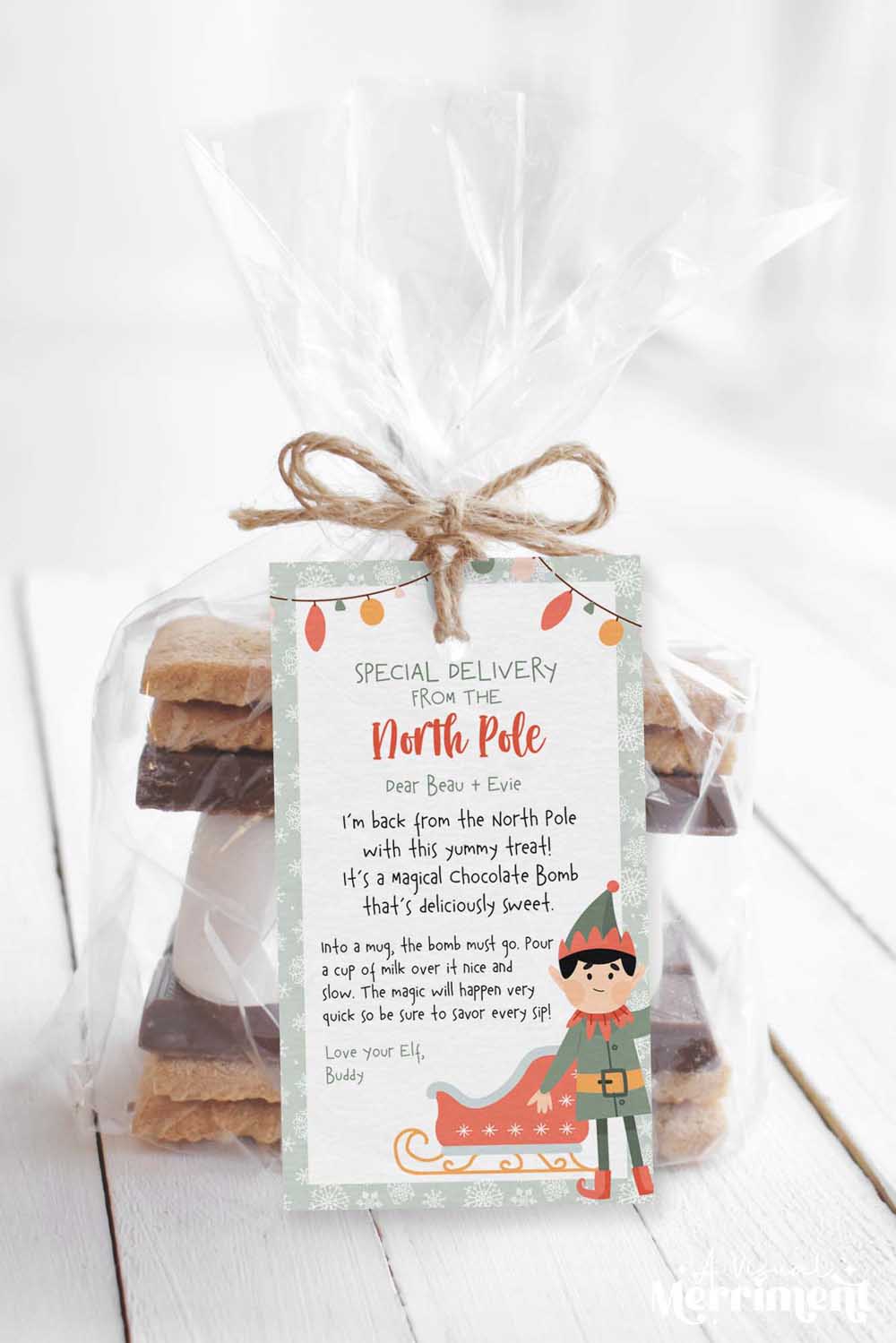 vertical elf on the shelf hot chocolate instructions gift tag tied to bag of smores