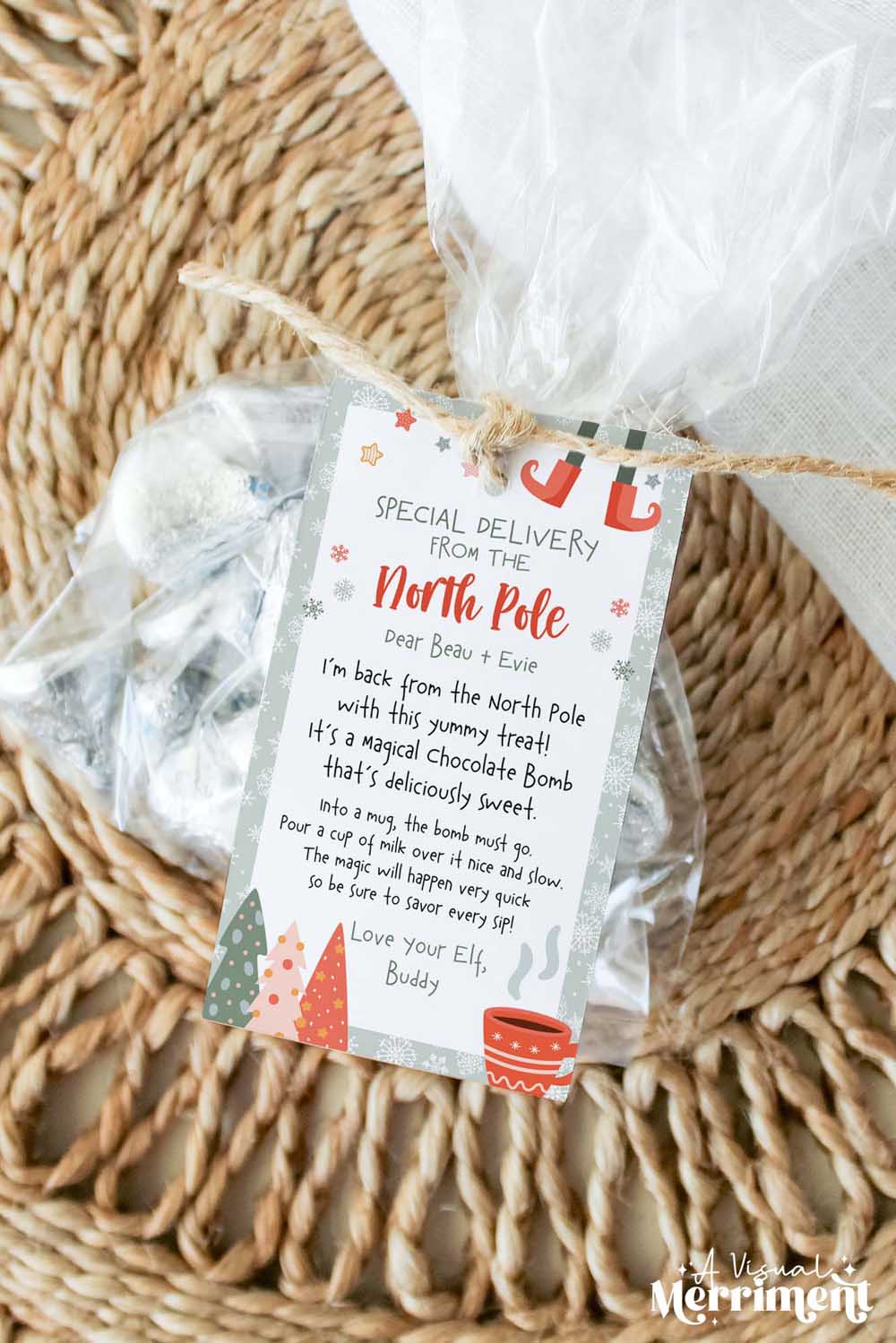 vertical elf on the shelf hot chocolate instructions gift tag tied to bag of candy treats