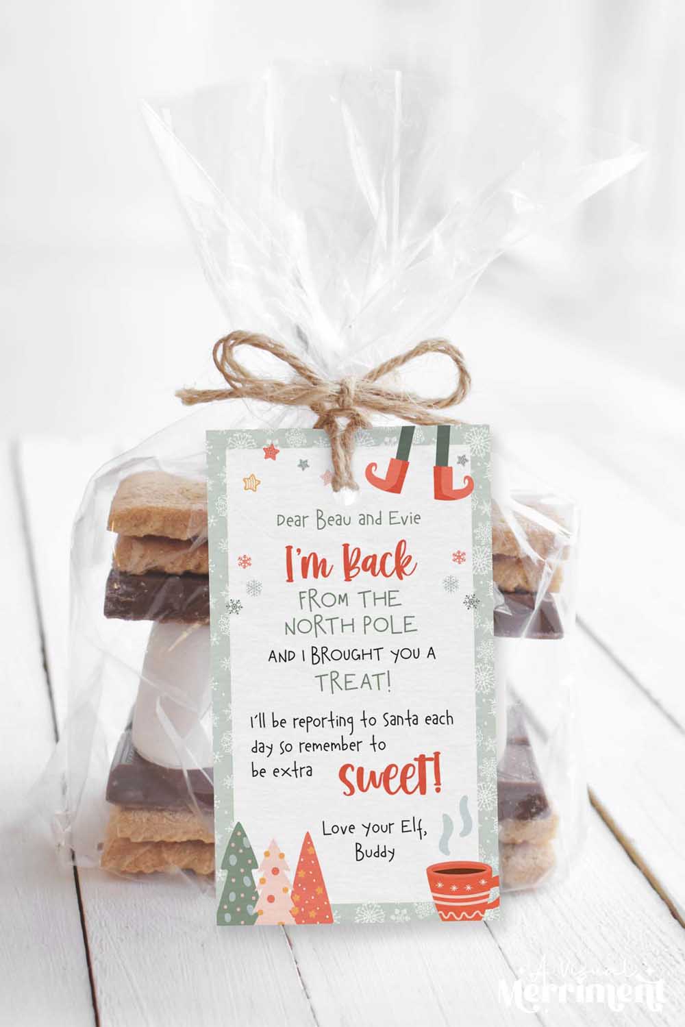 Printable elf on the shelf i’m back with a treat gift tag on bag of smore treats