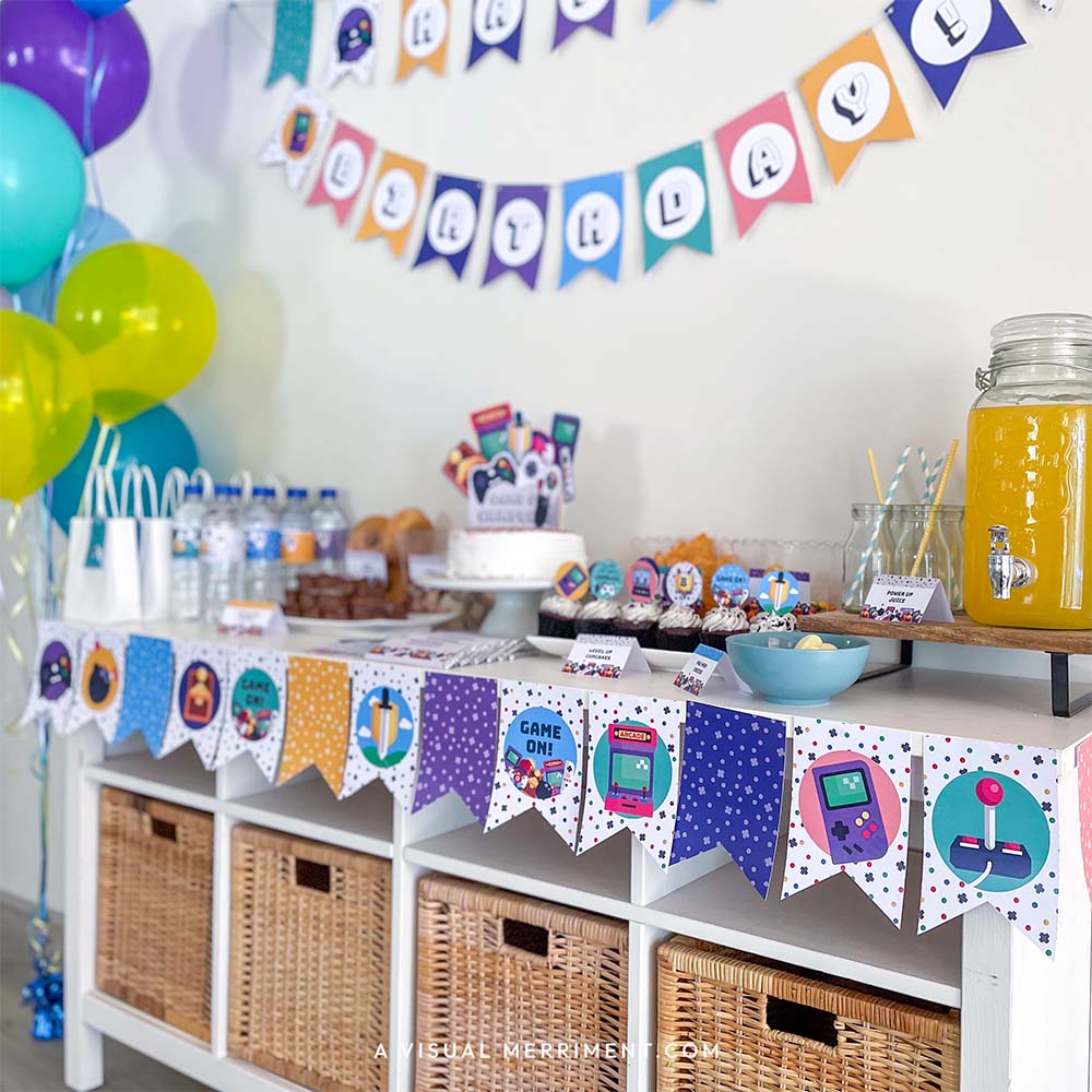 colorful gamer party buffet with printables