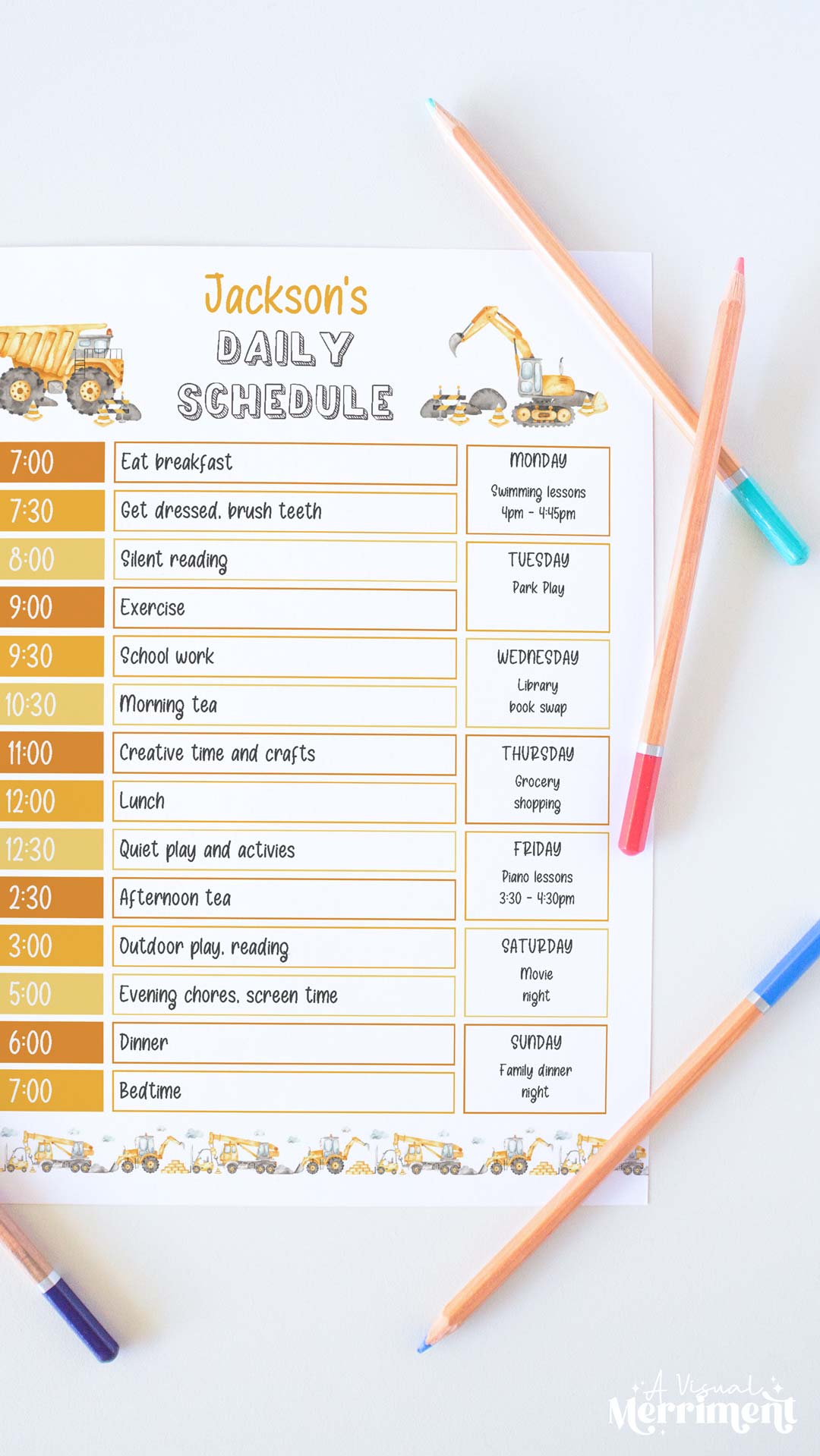 vertical of construction editable printable daily schedule and pencils