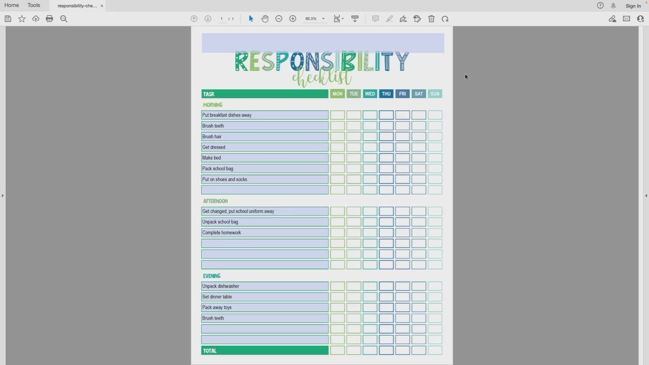how to edit printable blue and green responsibility checklist page video