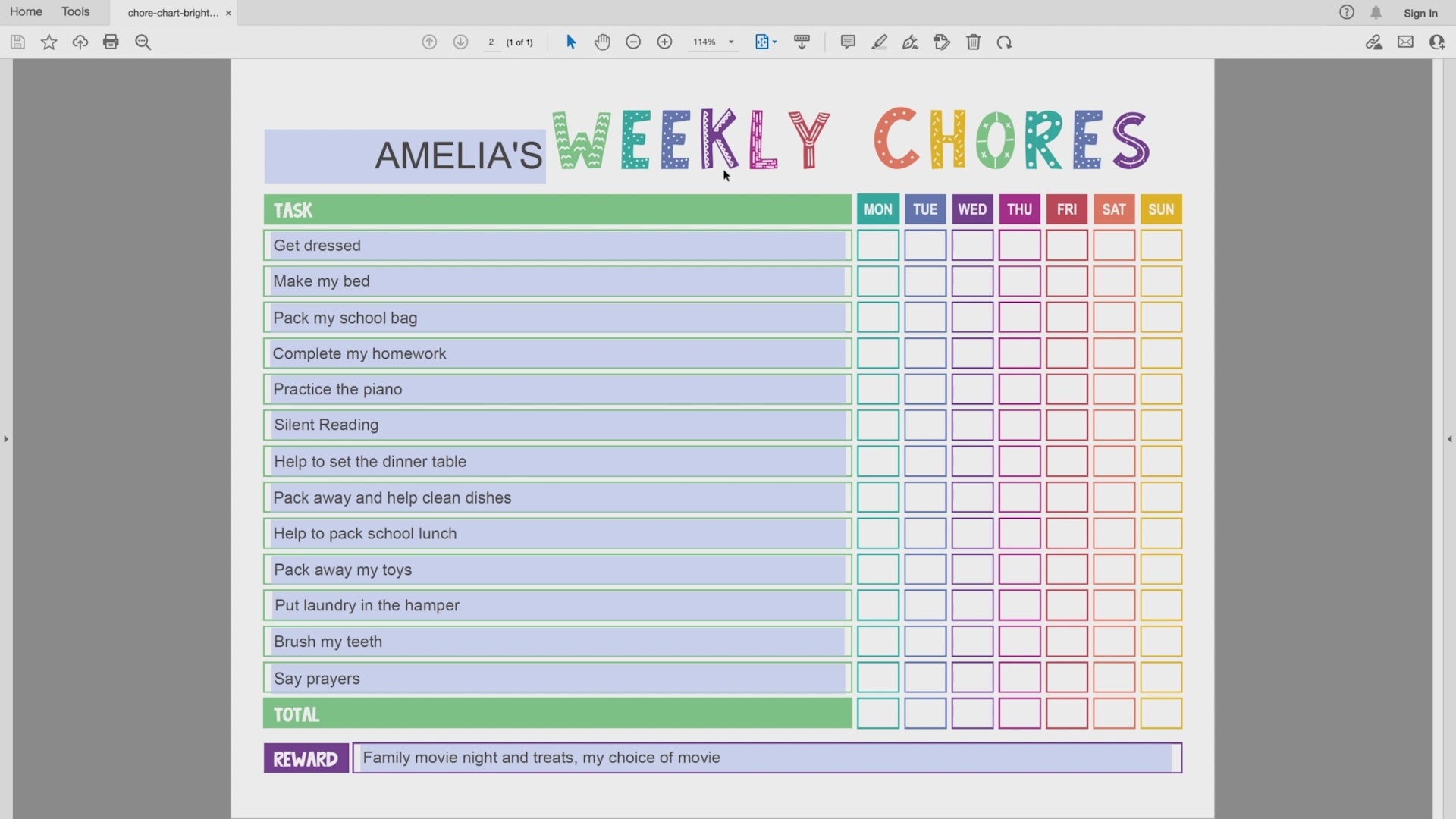 Video with instructions on editing landscape orientated colorful rainbow weekly chore chart