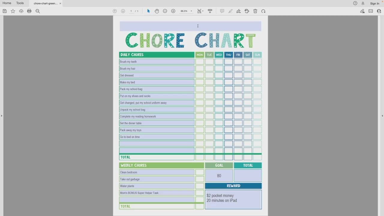 how to edit blue & green editable printable chore chart  video