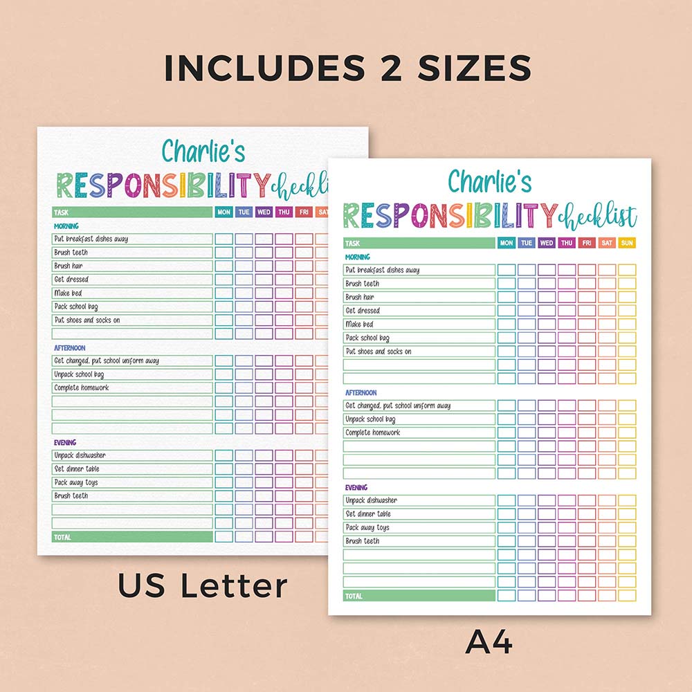 rainbow printable responsibility checklist in us letter and a4 sizes