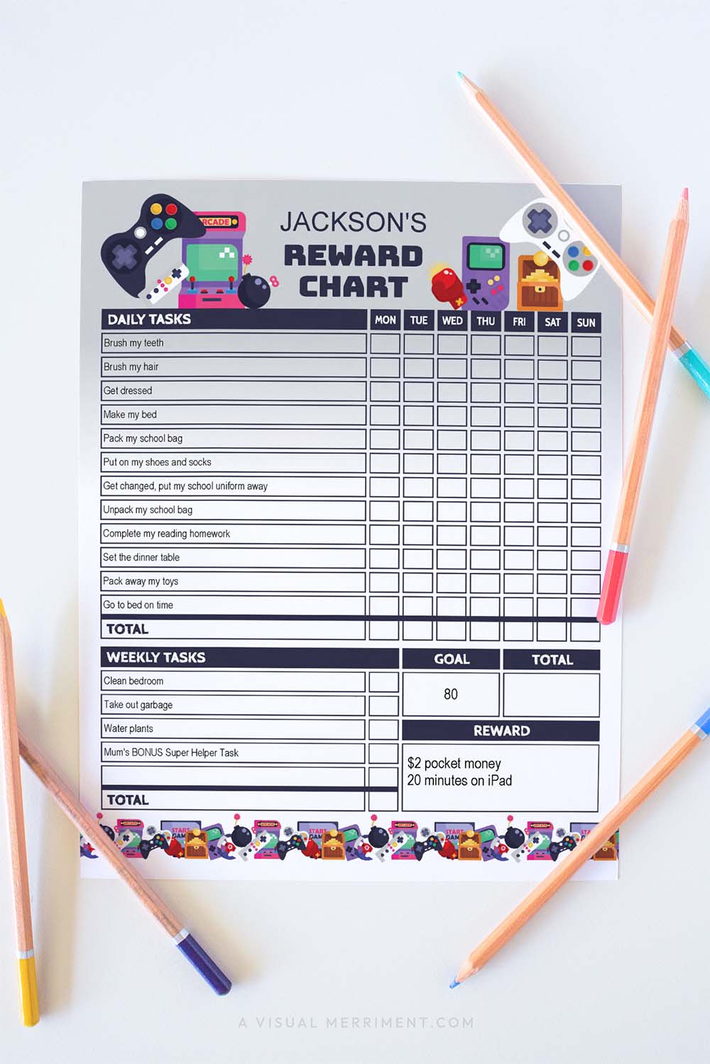 vertical editable printable weekly reward chart for kids in retro arcade gamer design