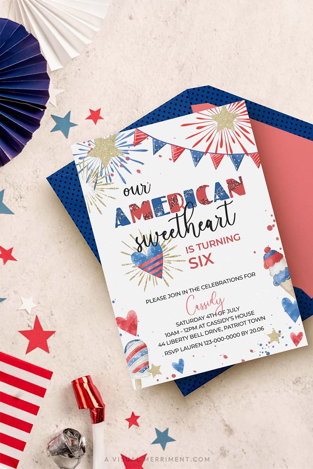 american sweetheart 4th of july birthday invitation with blue envelope and party decor