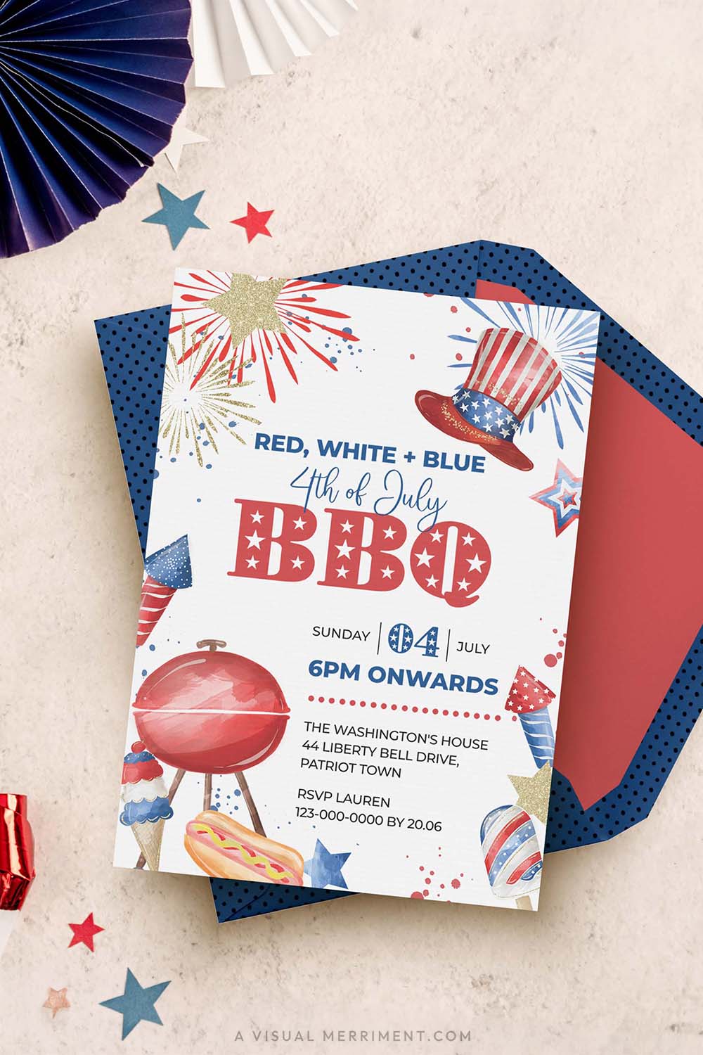 vertical 4th of July BBQ invitation with blue envelope and party decor