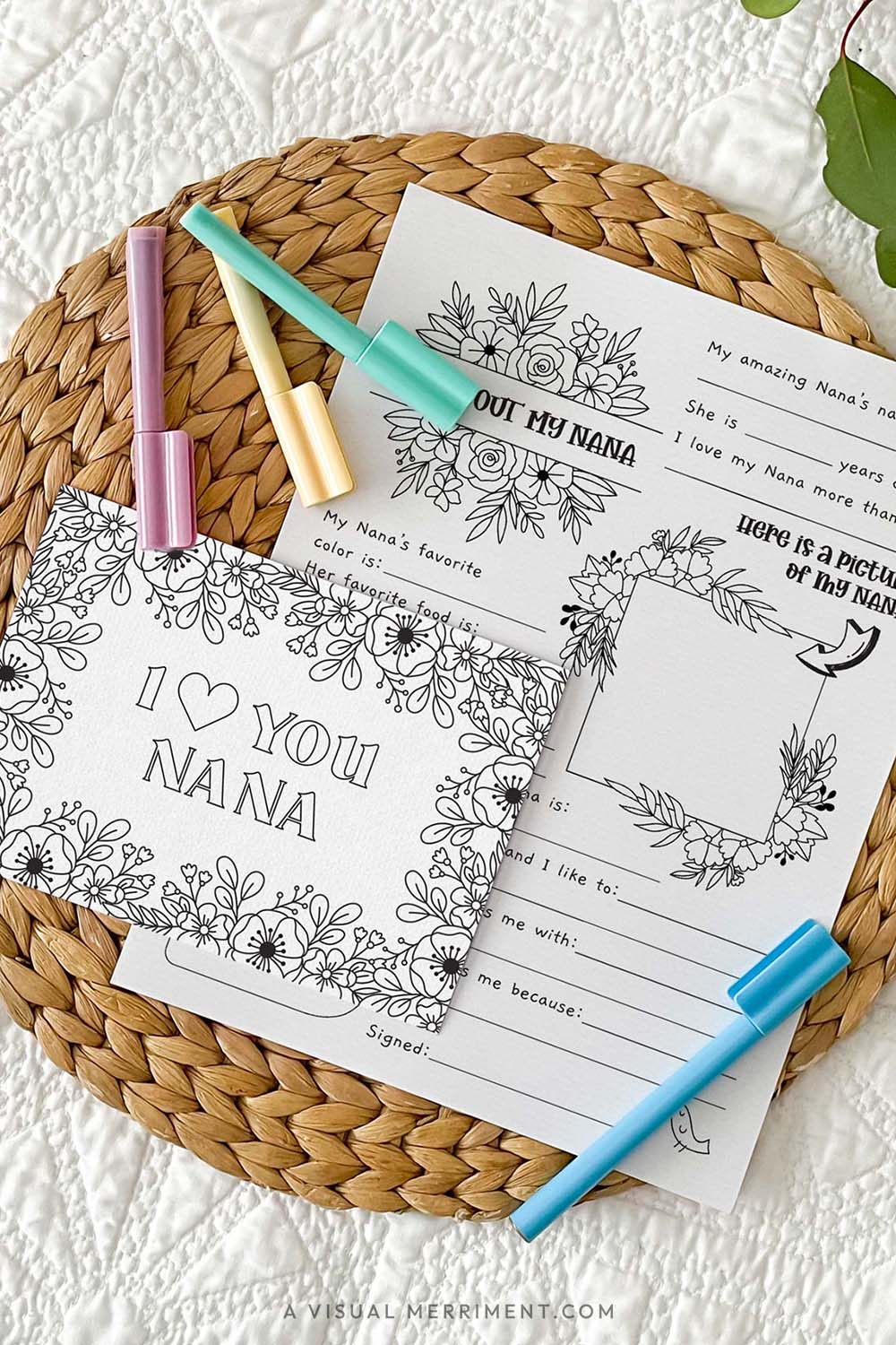 Vertical of I love you Nana coloring greeting card with all about my grandmother Nana page with marker pens