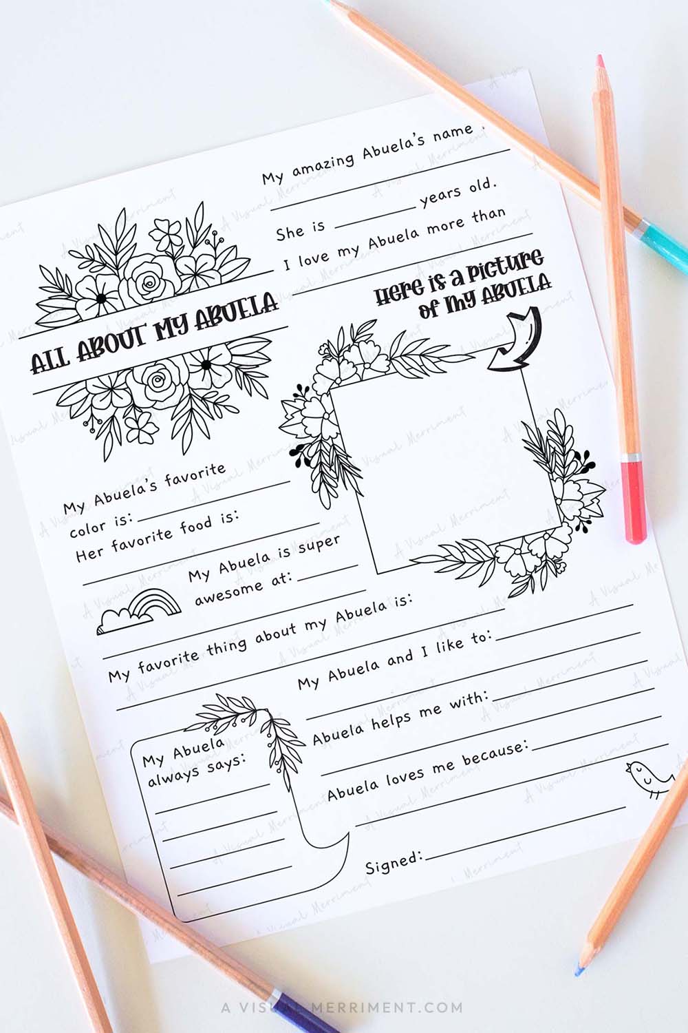 Vertical All about my Abuela mother’s day questionnaire sheet with colored pencils