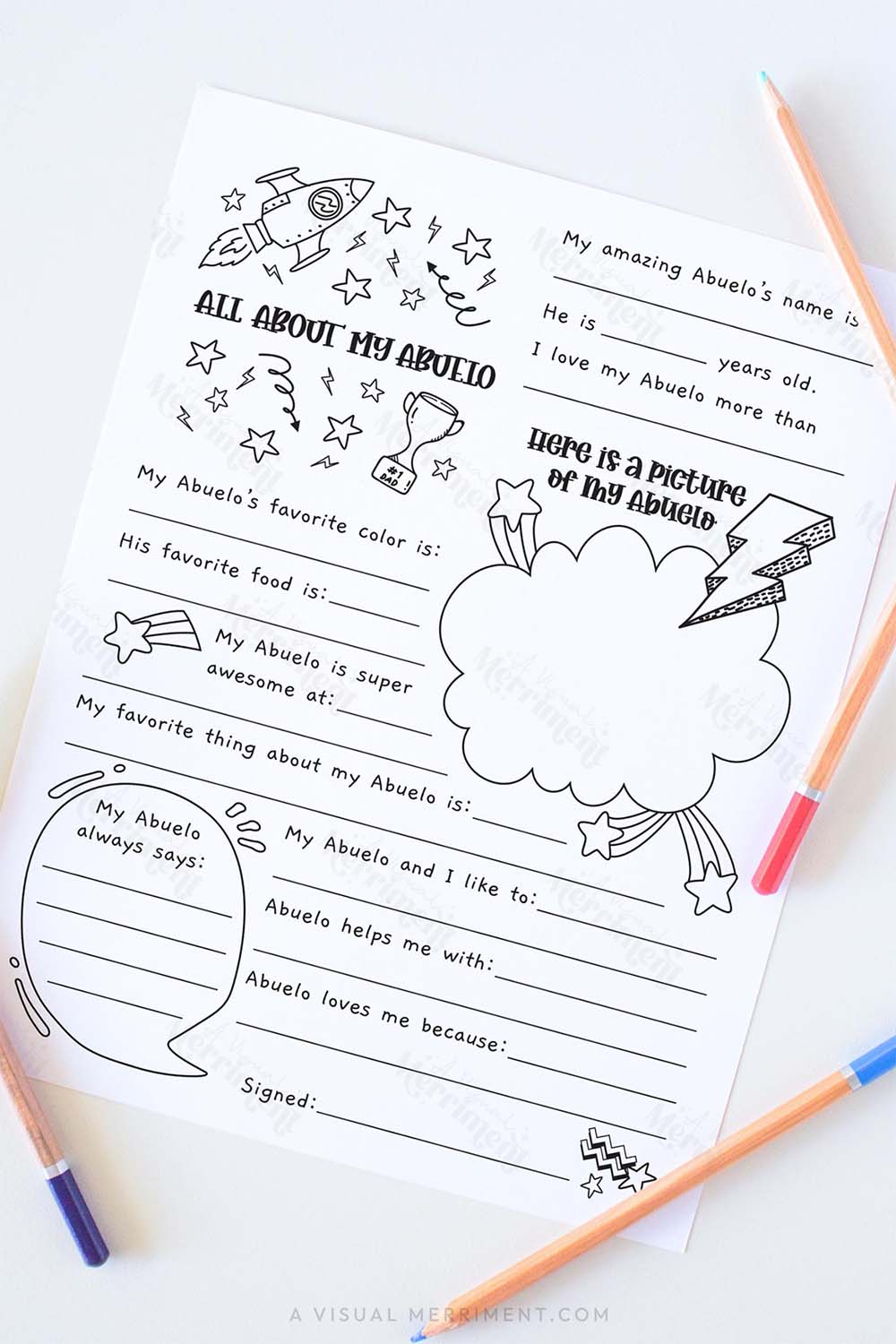 Vertical All about my Abuelo father’s day questionnaire sheet with colored pencils