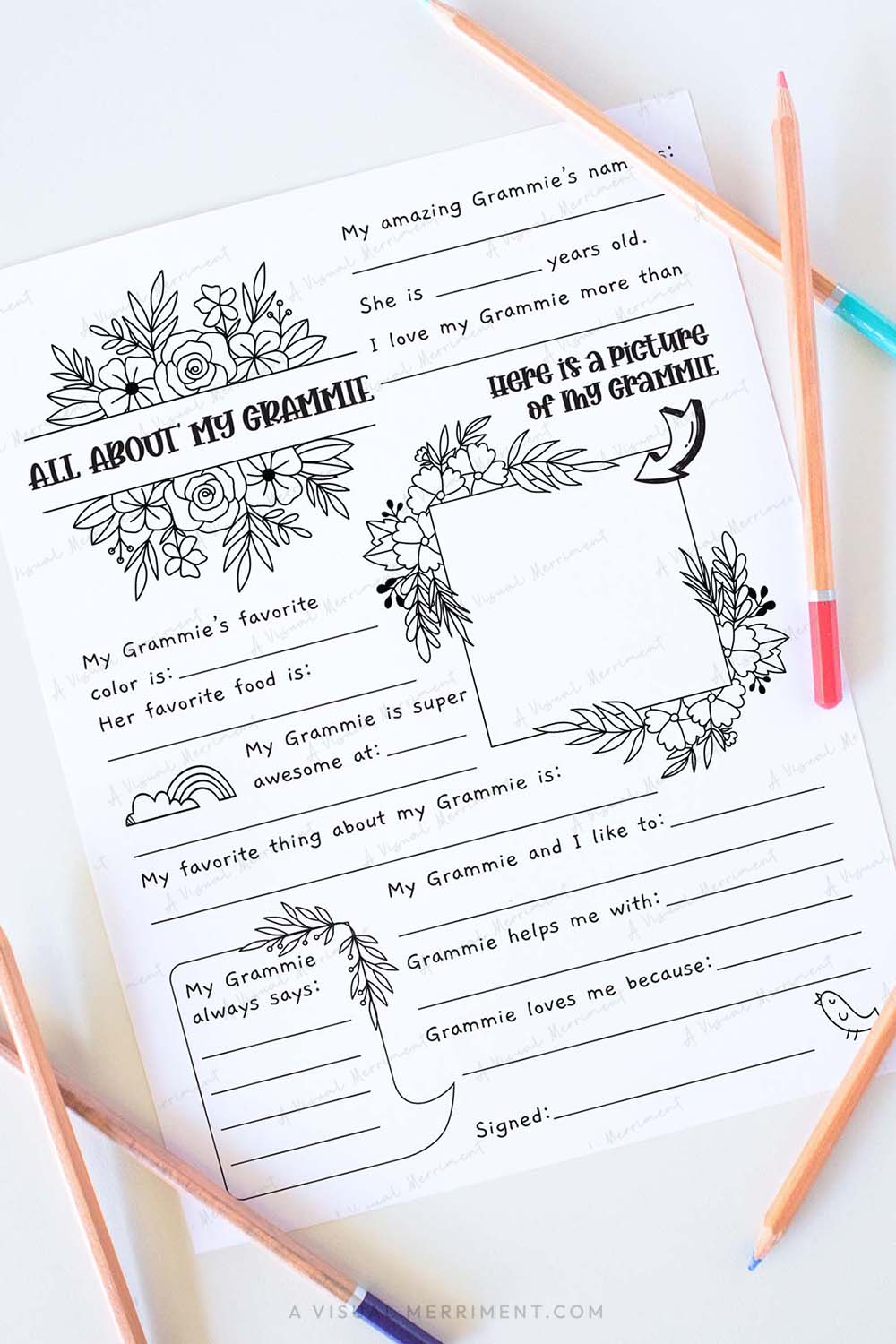 Vertical All about my Grammie mother’s day questionnaire sheet with colored pencils