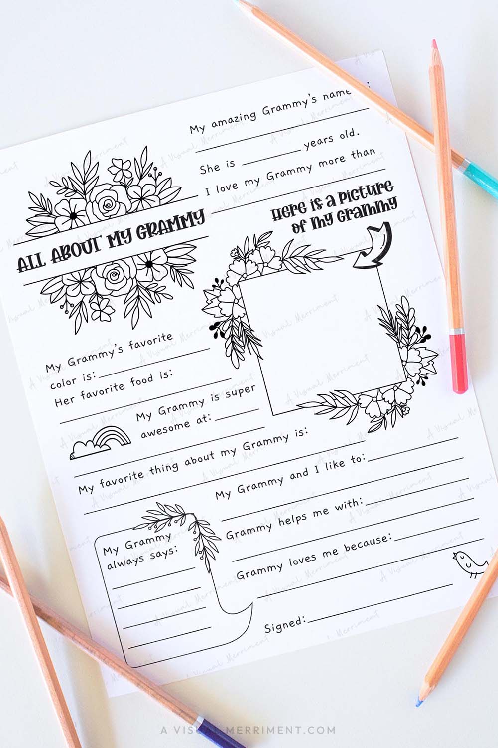 Vertical All about my Grammy mother’s day questionnaire sheet with colored pencils