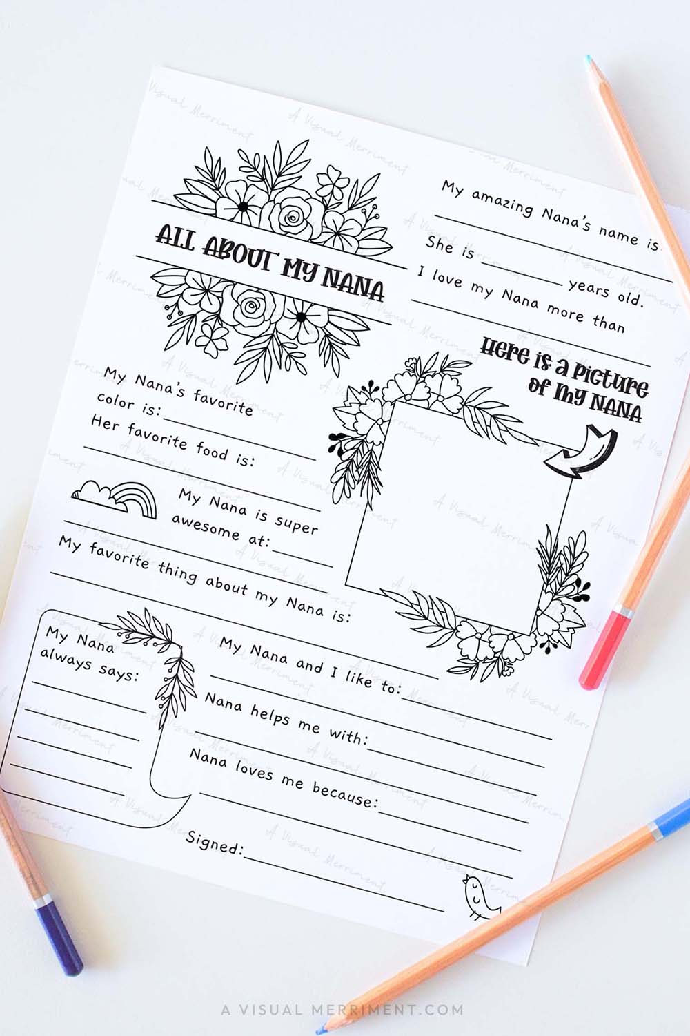 hanging page with tape titled all about my Nana worksheet with drawing and coloring