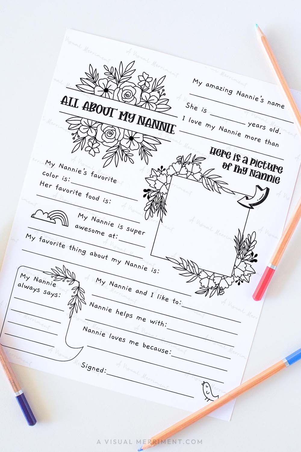 Vertical All about my Nannie mother’s day questionnaire sheet with colored pencils