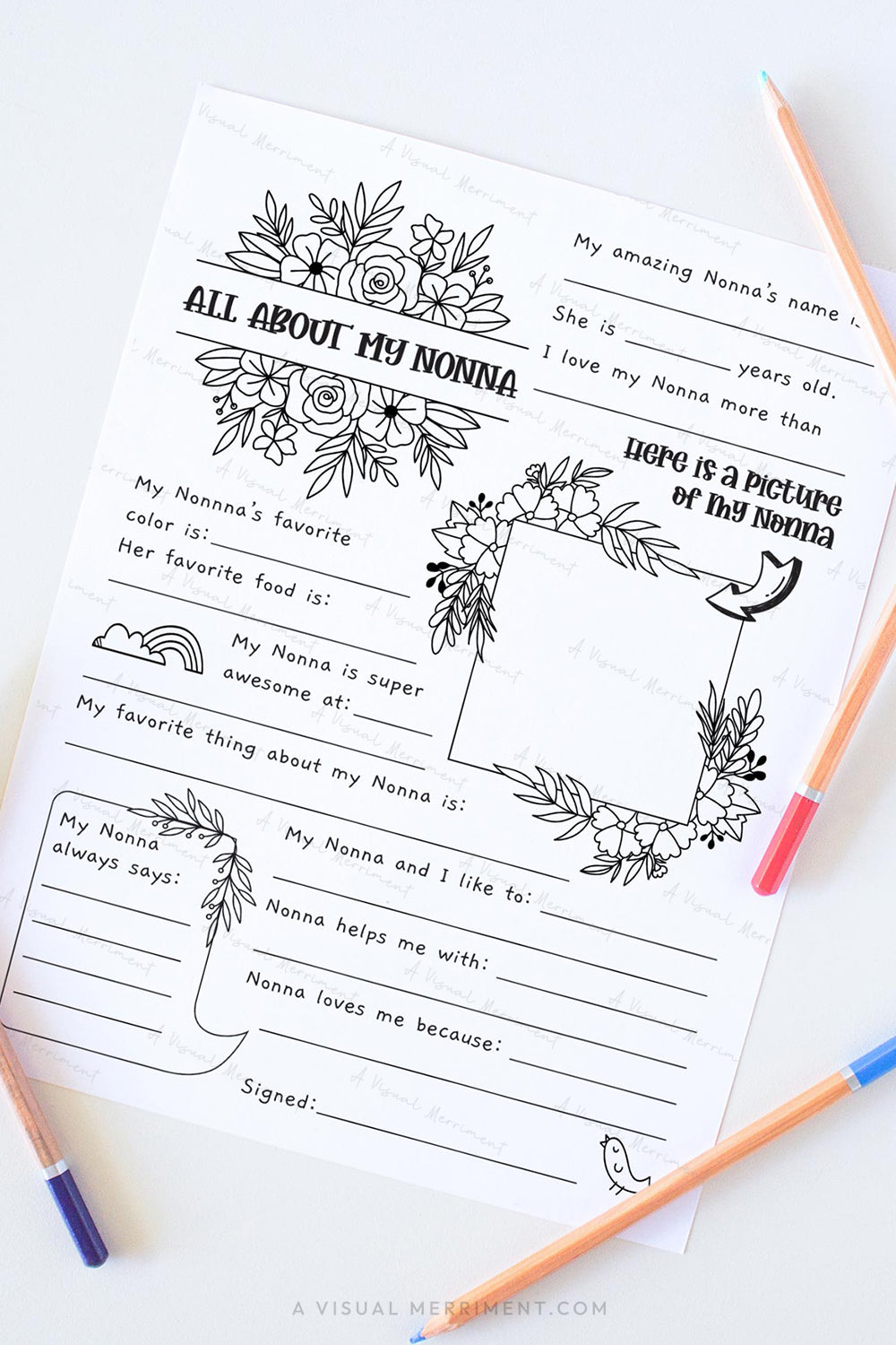 Vertical All about my Nonna mother’s day questionnaire sheet with colored pencils