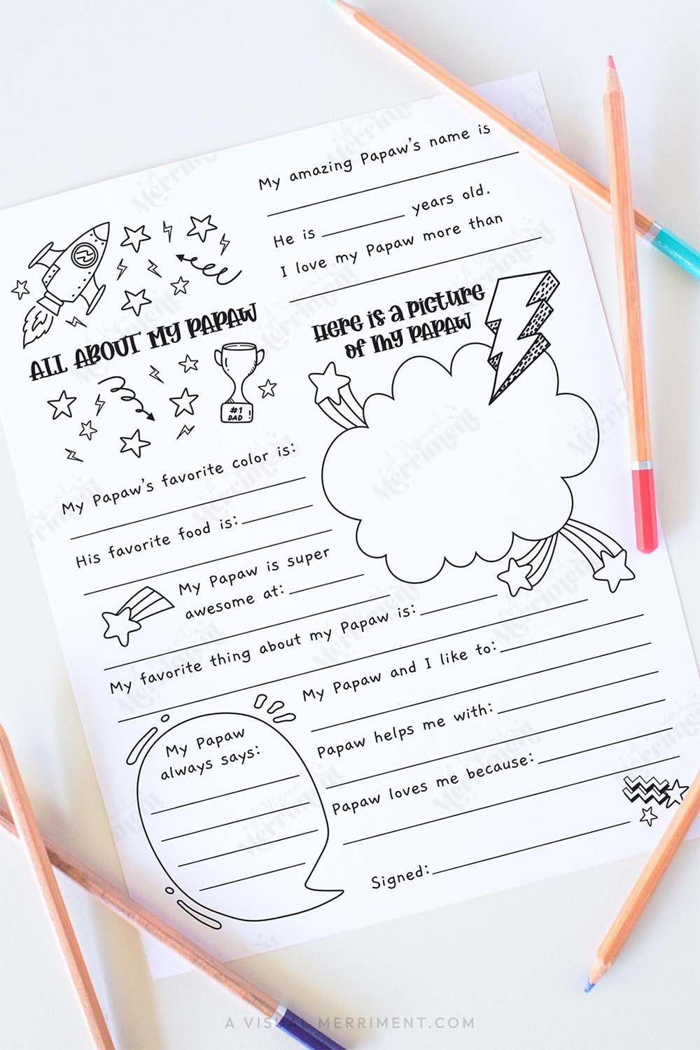 Vertical All about my Papaw father’s day questionnaire sheet with colored pencils