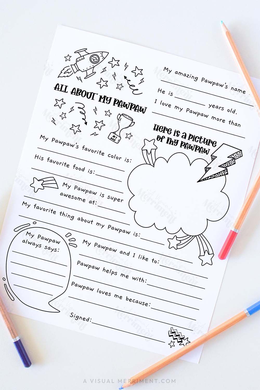 Vertical All about my pawpaw father’s day questionnaire sheet with colored pencils