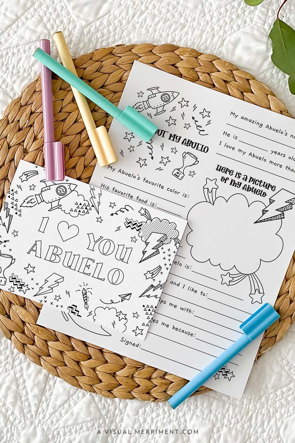 vertical I love you Abuelo coloring greeting card with all about my Abuelo page on a mat with marker pens