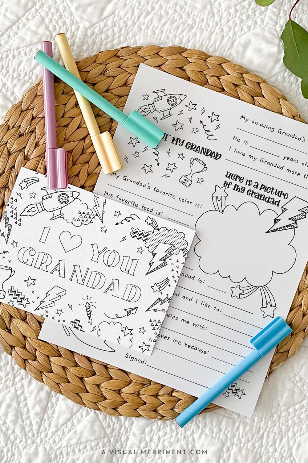 vertical I love you Grandad coloring greeting card with all about my Grandad page on a mat with marker pens