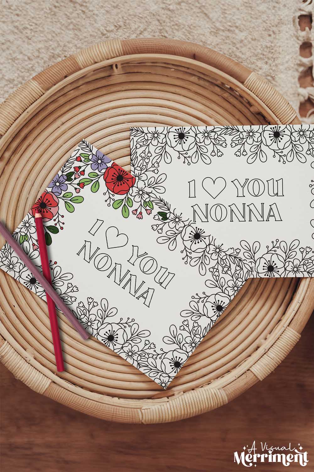 Vertical colored I love you Nonna printable coloring grandmother greeting card with pencils on table