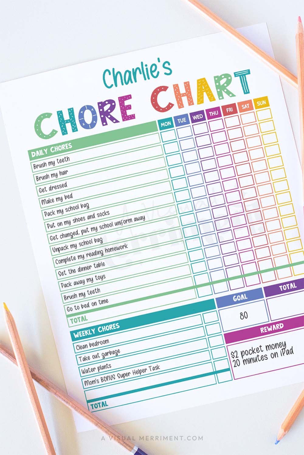 vertical of rainbow editable printable chore chart with pencils