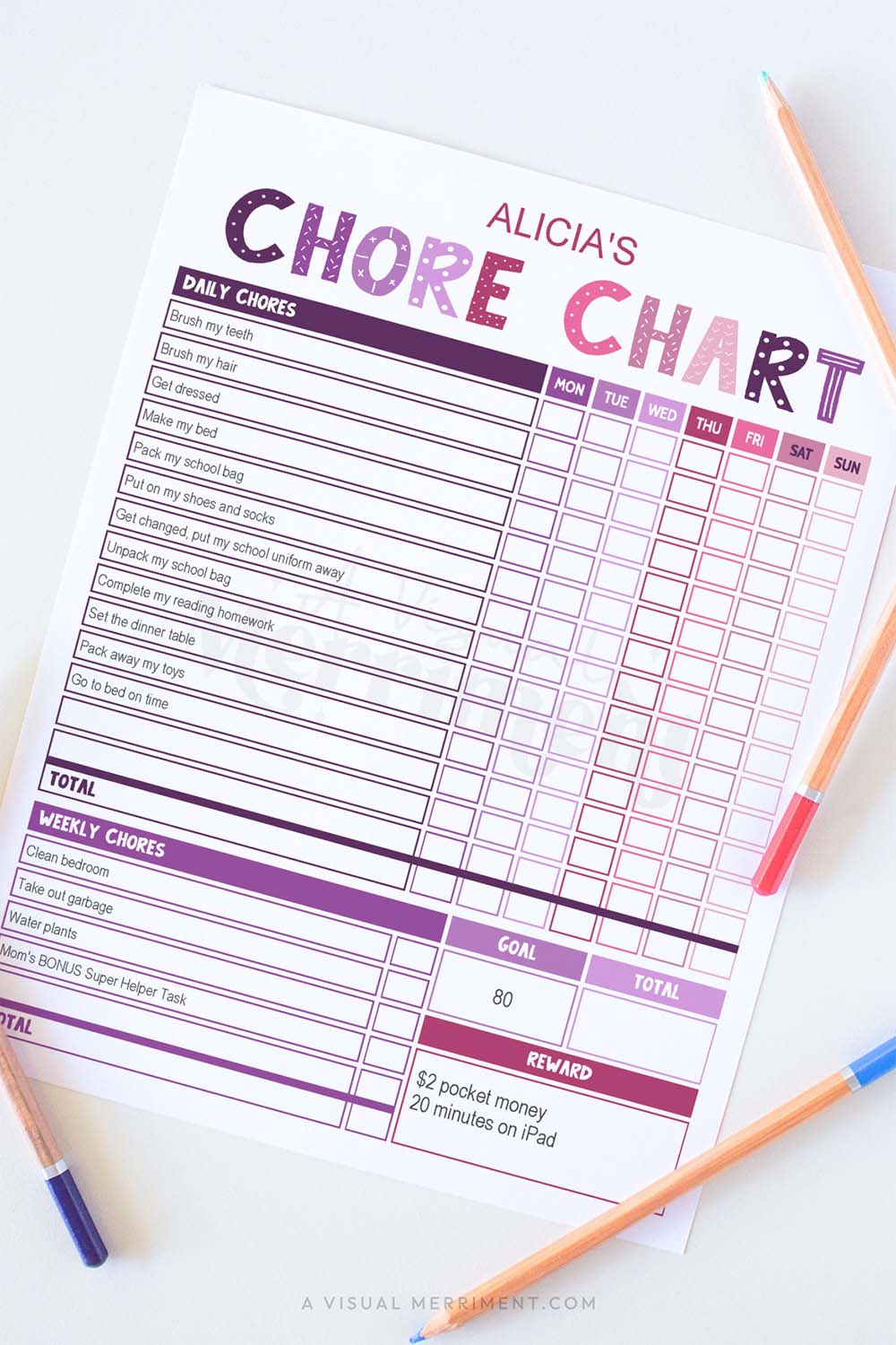 vertical of purple pink editable printable girls chore chart with pencils