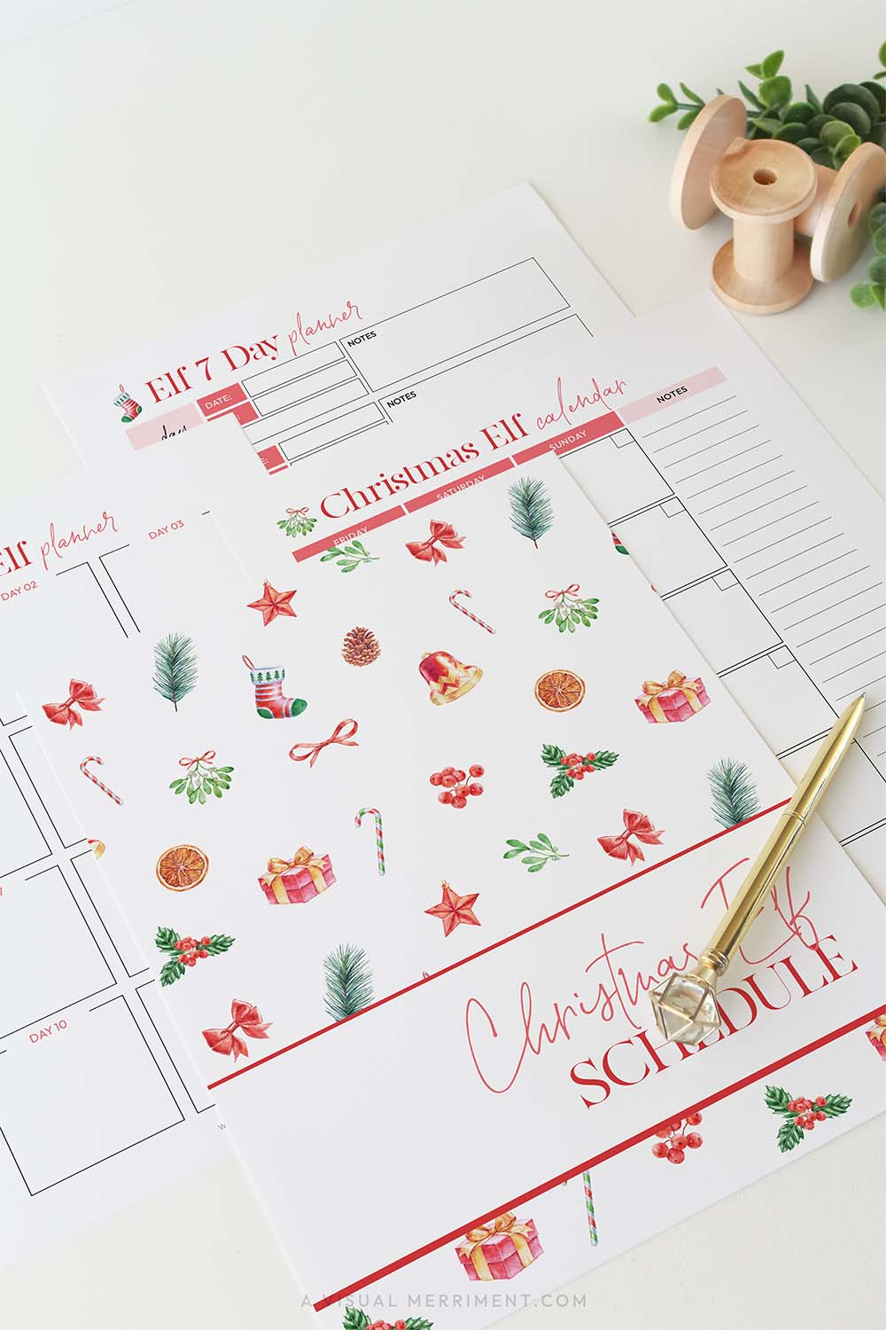 Vertical red christmas elf planner schedule pages laid out with gold pen