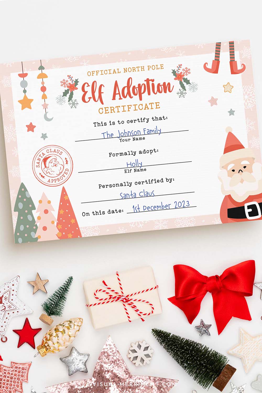 pink elf on the shelf printable elf adoption certificate from santa with feminine christmas decor
