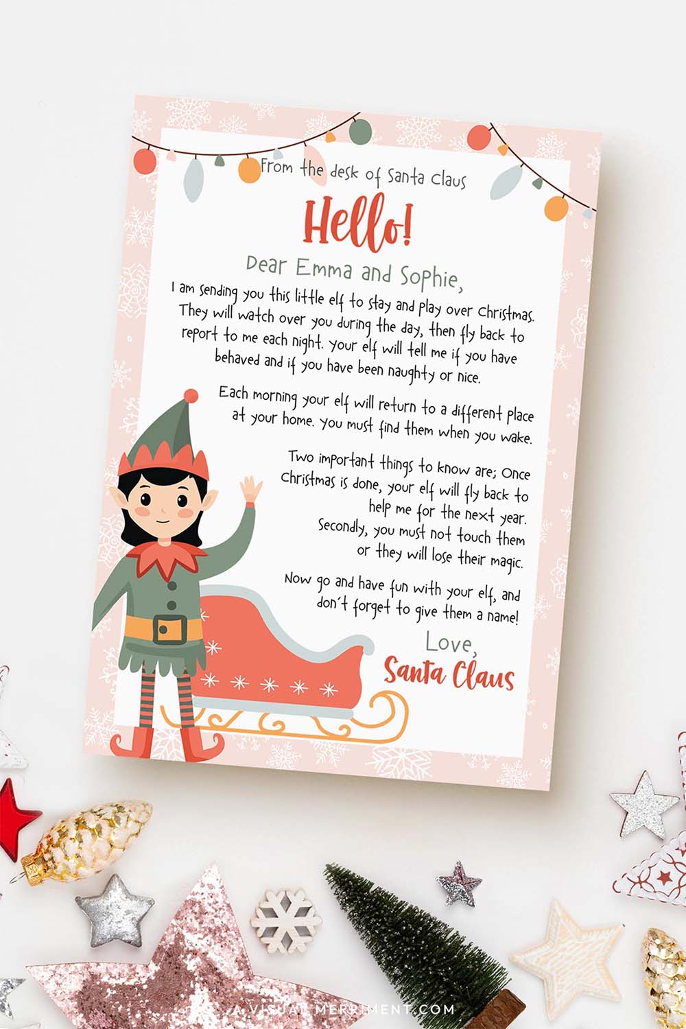 vertical girl hello printable arrival letter from elf on the shelf with christmas decorations