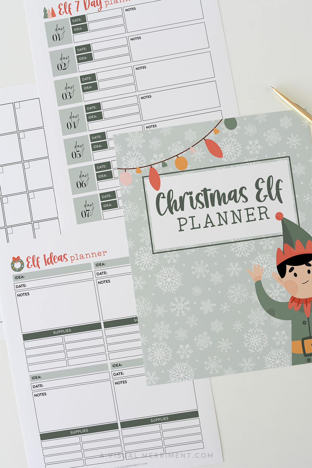 Vertical green christmas elf planner bundle pages laid out with gold pen