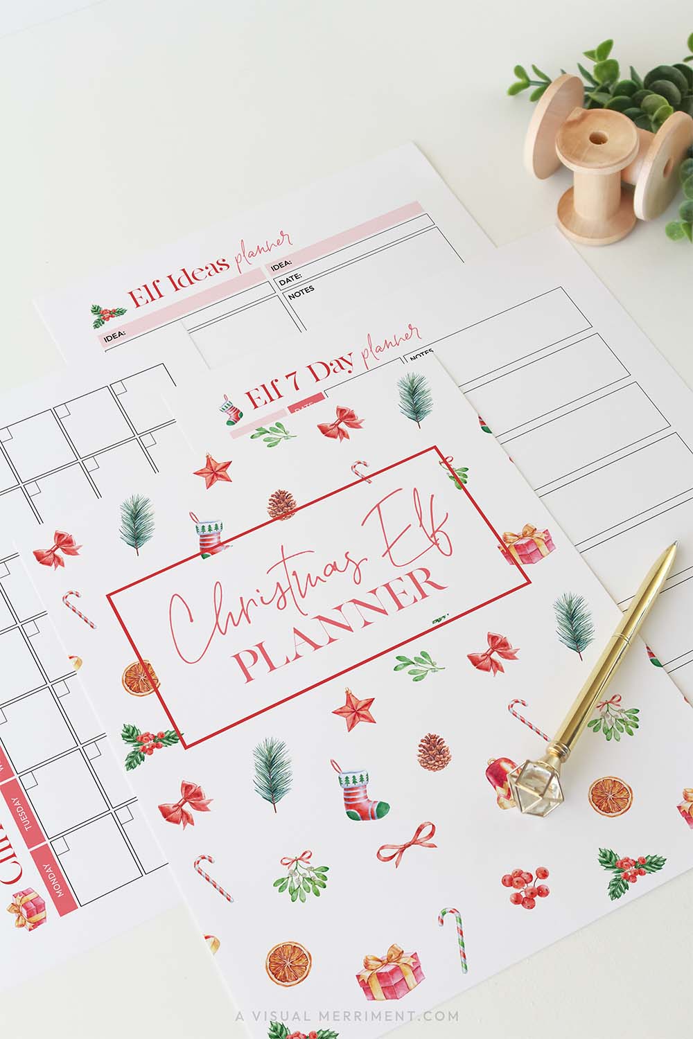 vertical Red christmas elf planner bundle pages laid out with gold pen