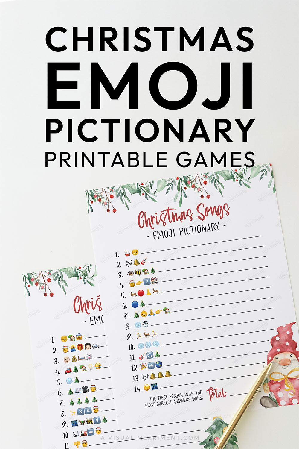 Vertical watercolor gnome printable christmas game bundle emoji pictionary 2 pages