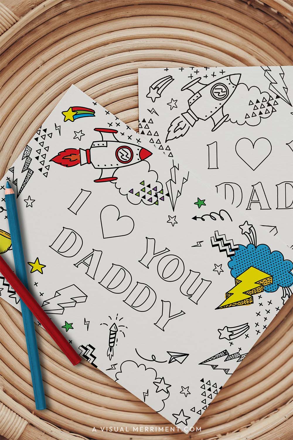 Vertical colored I love you daddy printable fathers day coloring card with pencils on table