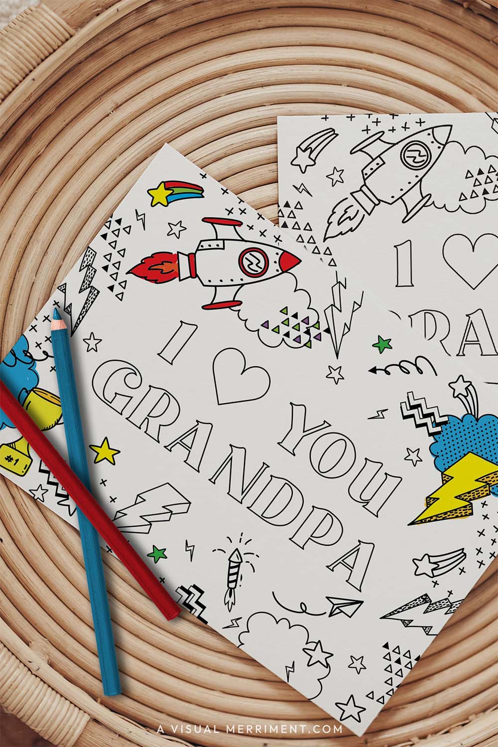 Vertical colored I love you Grandpa printable coloring grandfather greeting card with pencils on table