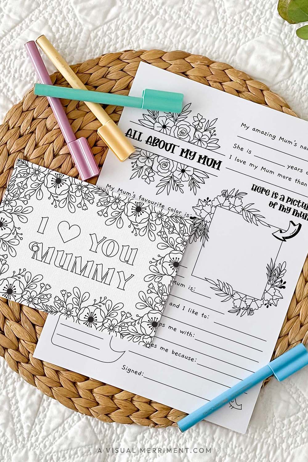 vertical of I love you Mummy coloring greeting card with all about my mum page with marker pens
