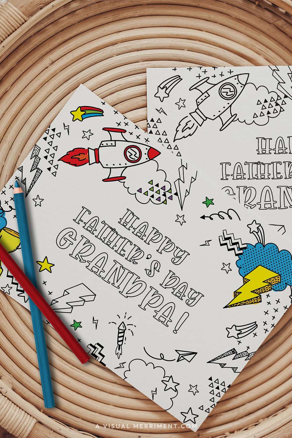 Vertical colored happy father’s day Grandpa printable coloring cards with pencils on table