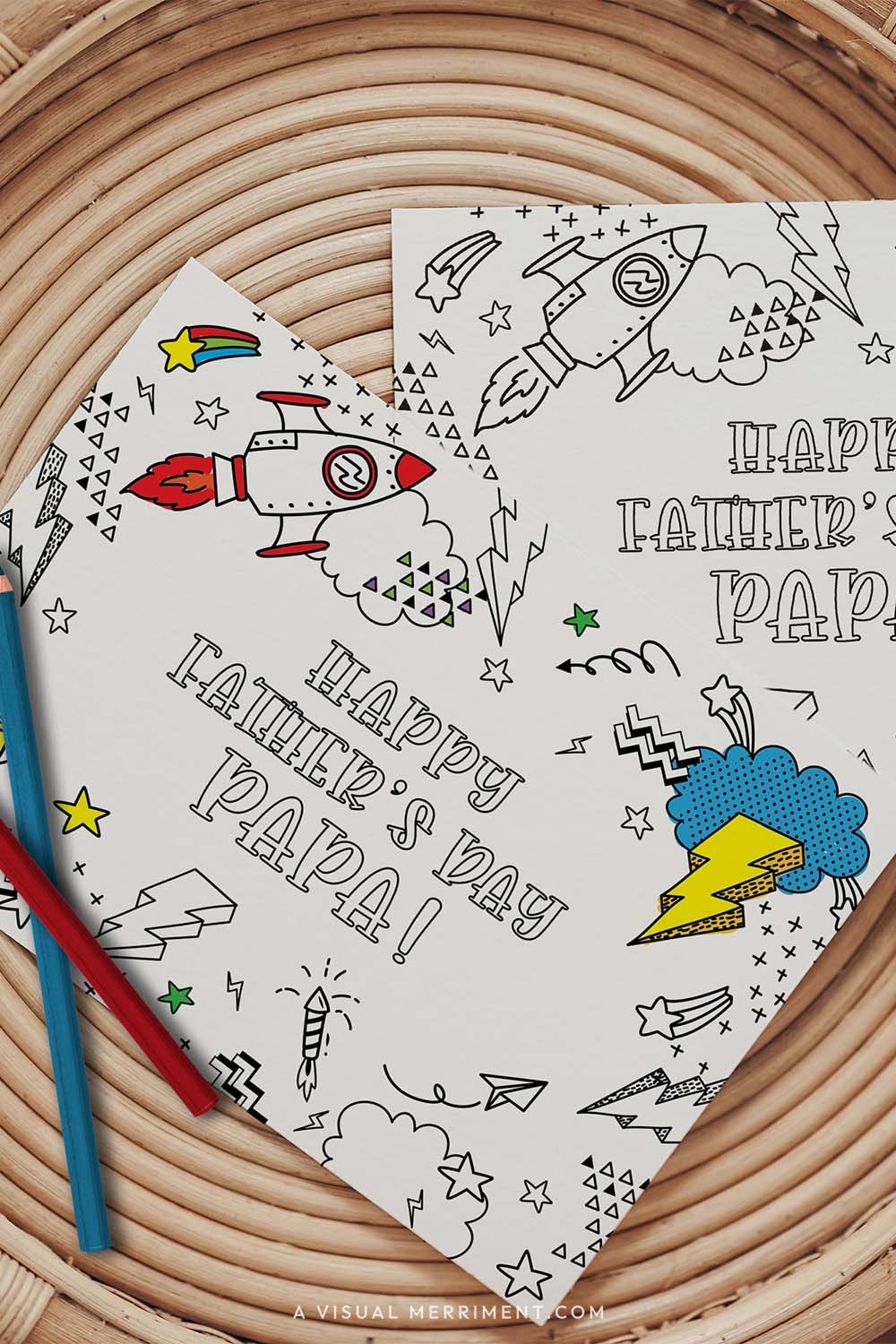 Vertical colored happy father’s day Papa printable coloring cards with pencils on table