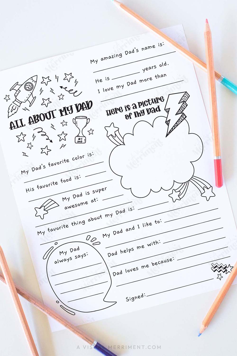 Vertical All about my dad father’s day questionnaire sheet with colored pencils